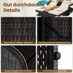 Sonnenliege Rattan für 2 Personen Sonneninsel Outdoor mit Faltbarem Sonnendach Beige