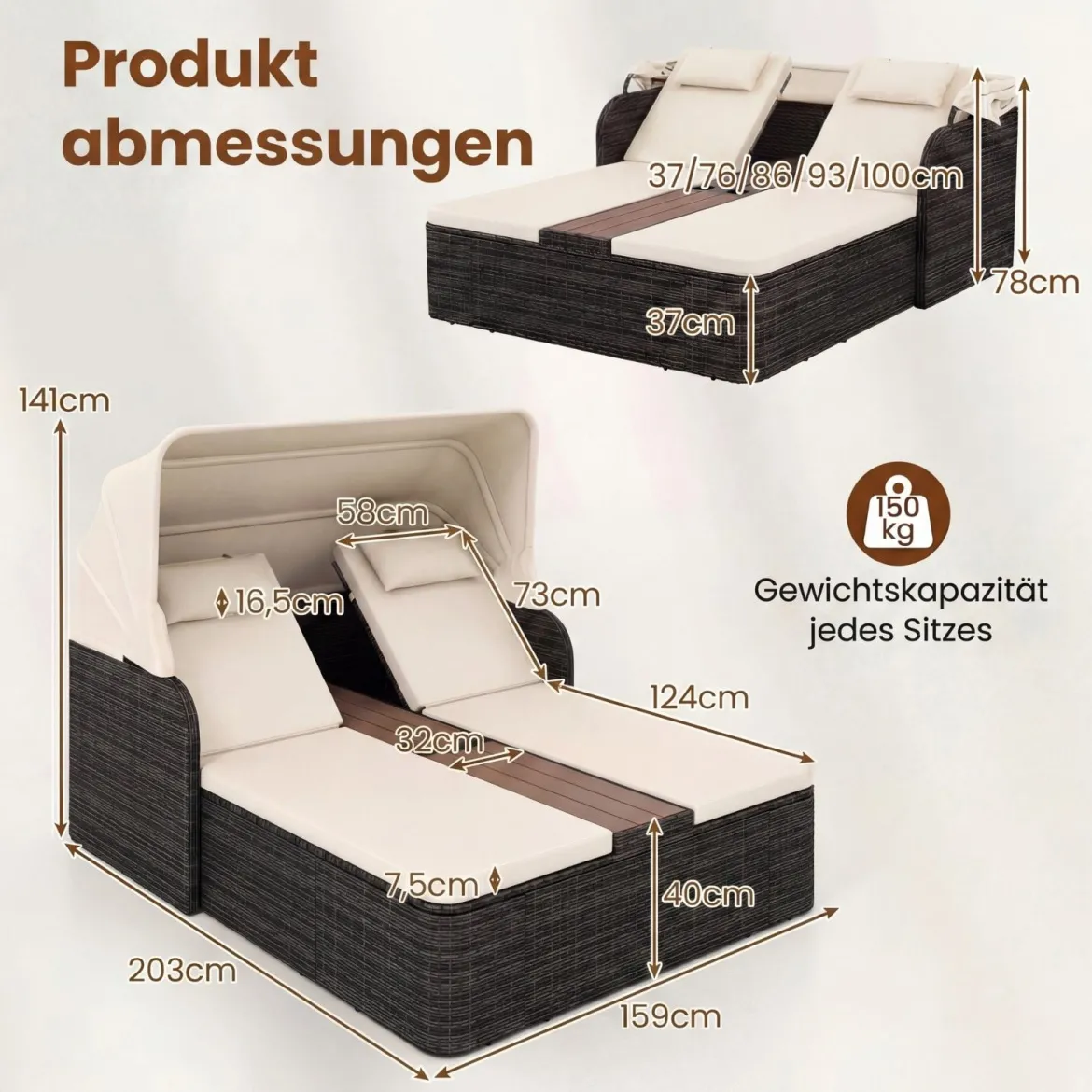 Sonnenliege Rattan für 2 Personen Sonneninsel Outdoor mit Faltbarem Sonnendach Beige