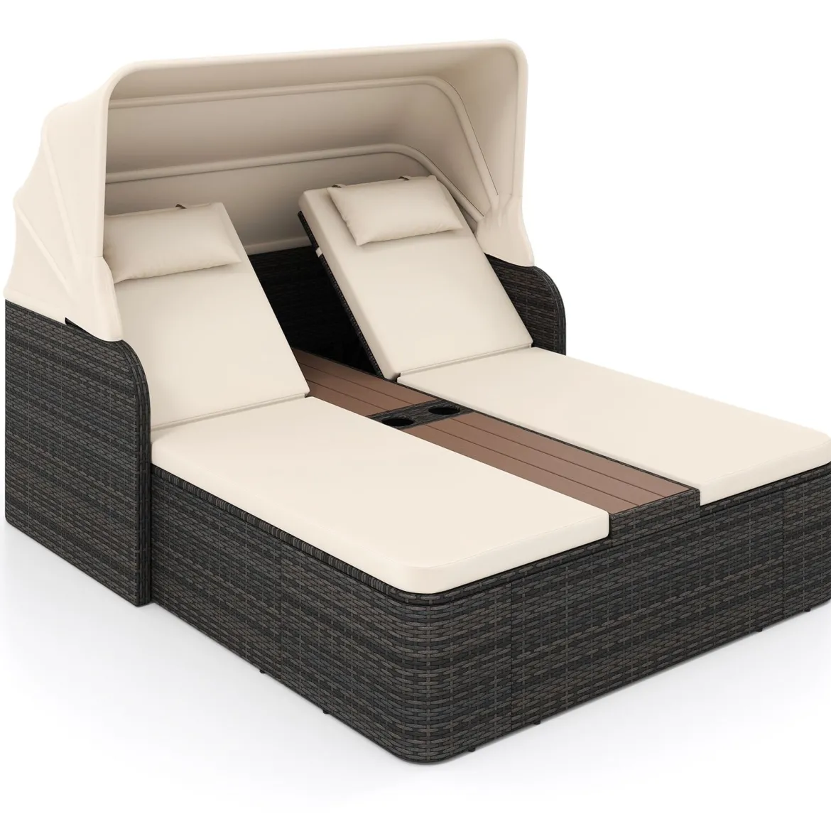 Sonnenliege Rattan für 2 Personen Sonneninsel Outdoor mit Faltbarem Sonnendach Beige