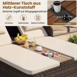 Sonnenliege Rattan für 2 Personen Sonneninsel Outdoor mit Faltbarem Sonnendach Beige