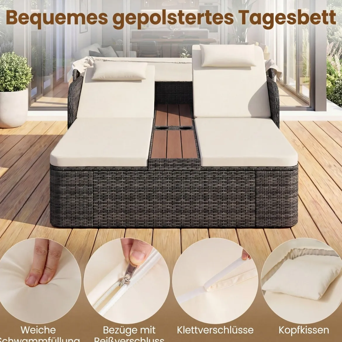 Sonnenliege Rattan für 2 Personen Sonneninsel Outdoor mit Faltbarem Sonnendach Beige