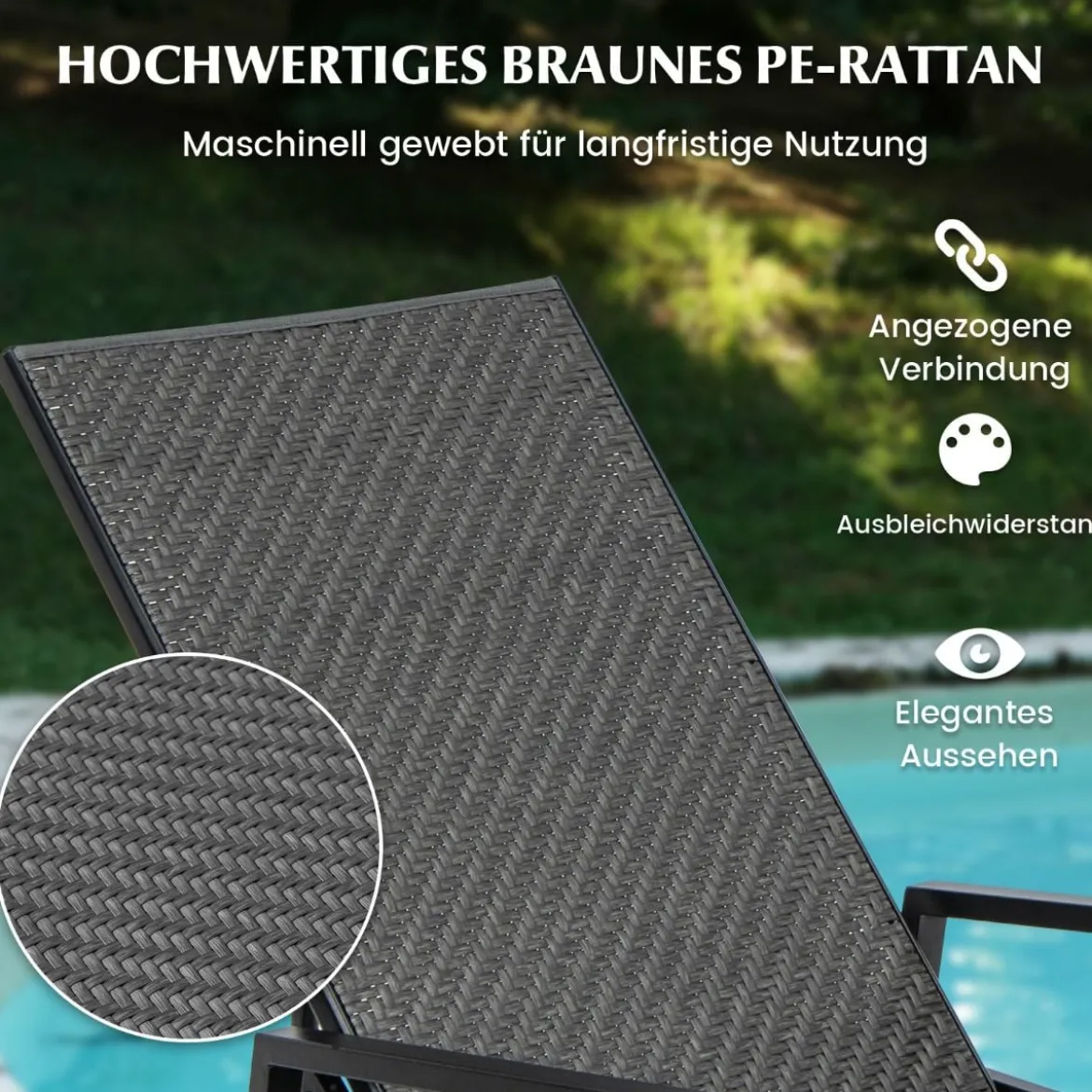 Sonnenliege Rattan Gartenliege mit Verstellbarer Rückenlehne und Armlehnen 167–193 x 59 x 33–93 cm Braun