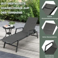 Sonnenliege Rattan Gartenliege mit Verstellbarer Rückenlehne und Armlehnen 167–193 x 59 x 33–93 cm Braun