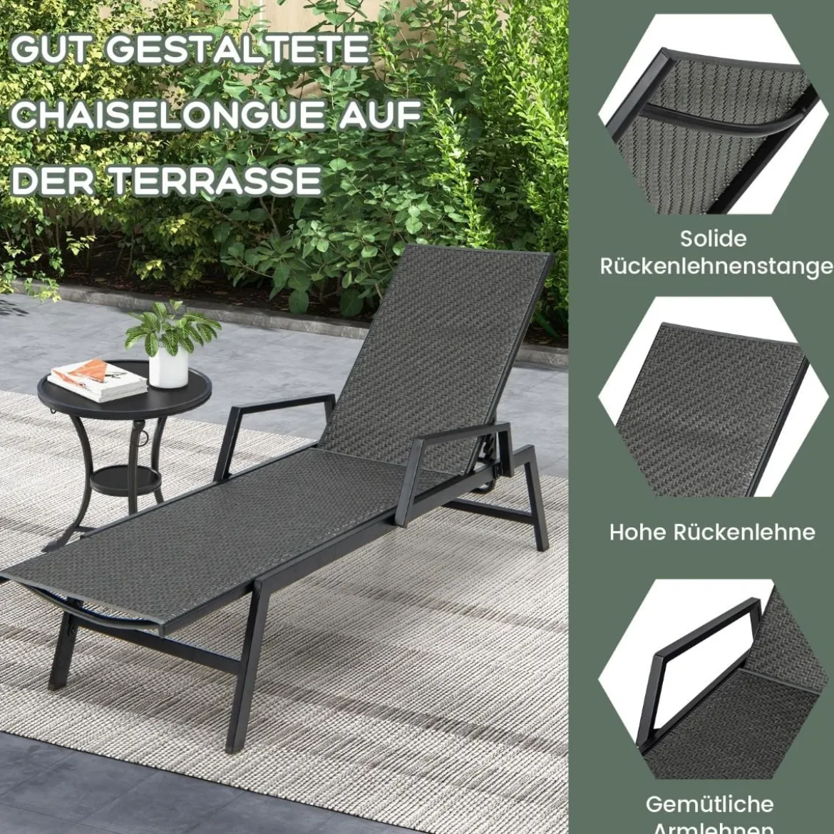 Sonnenliege Rattan Gartenliege mit Verstellbarer Rückenlehne und Armlehnen 167–193 x 59 x 33–93 cm Braun