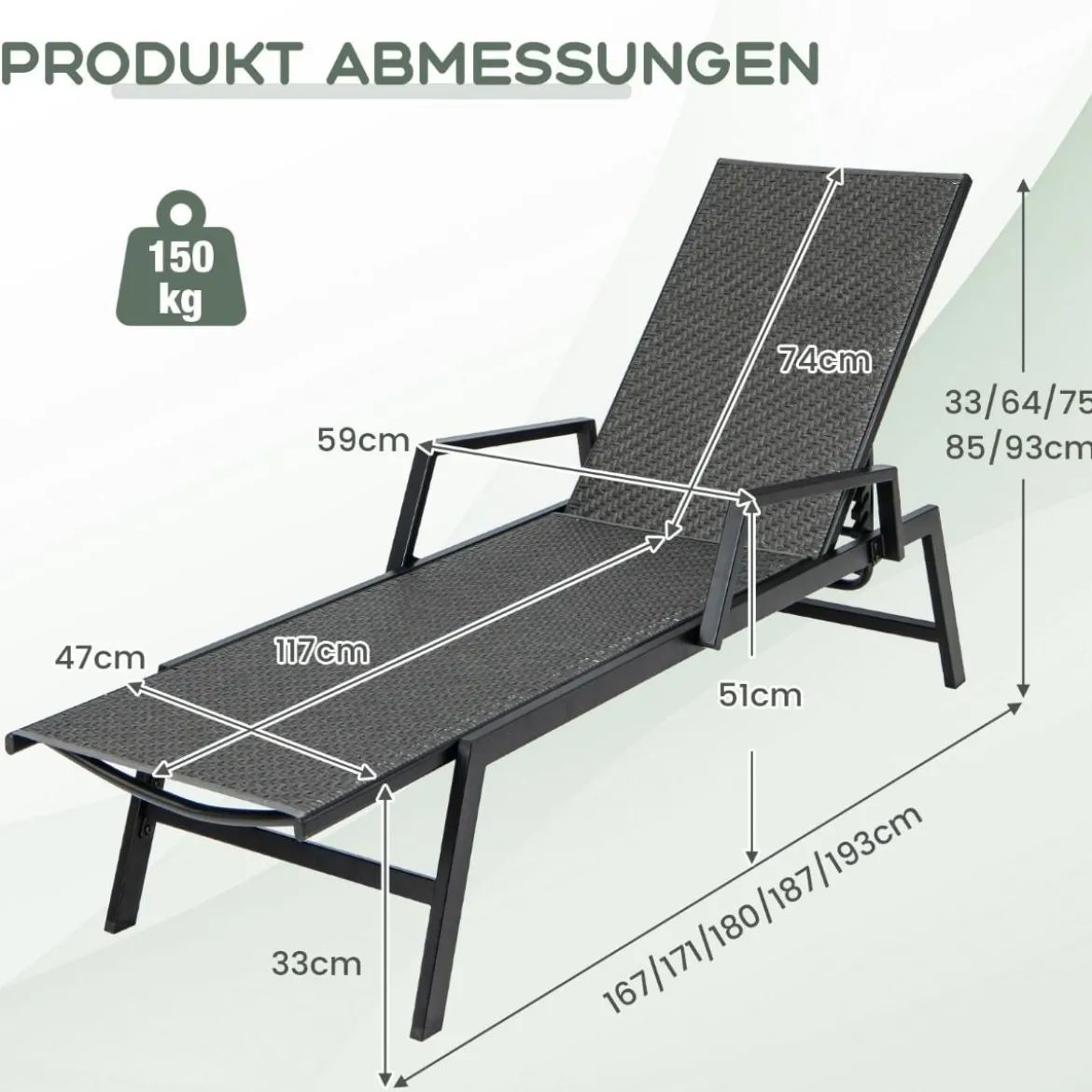 Sonnenliege Rattan Gartenliege mit Verstellbarer Rückenlehne und Armlehnen 167–193 x 59 x 33–93 cm Braun