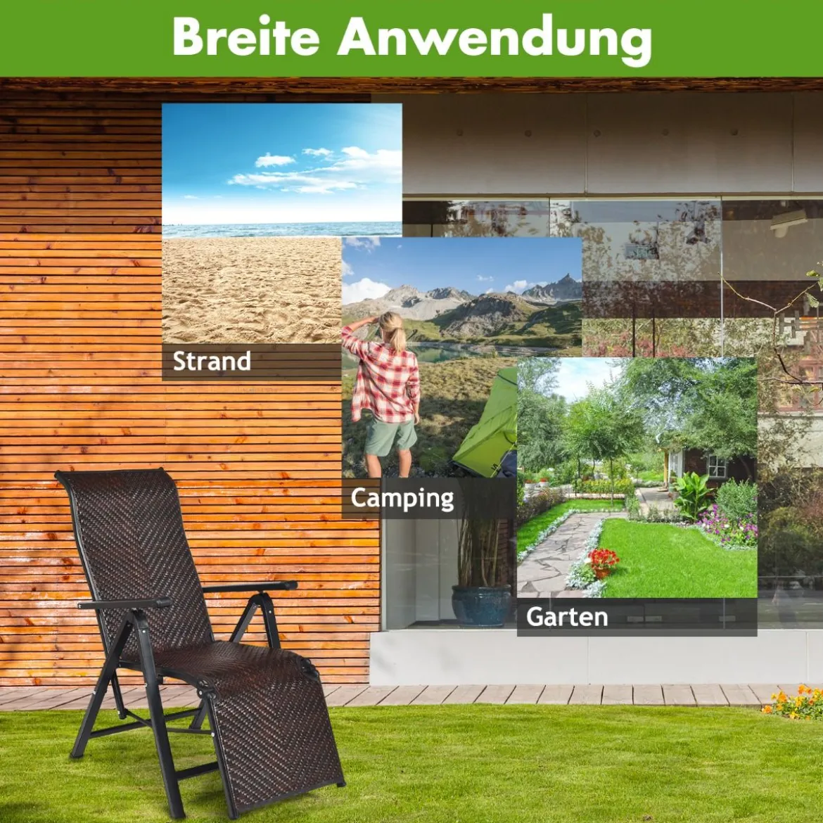 Sonnenliege Rattan klappbarer Liegestuhl mit Verstellbarer Rückenlehne Braun