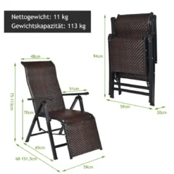 Sonnenliege Rattan klappbarer Liegestuhl mit Verstellbarer Rückenlehne Braun