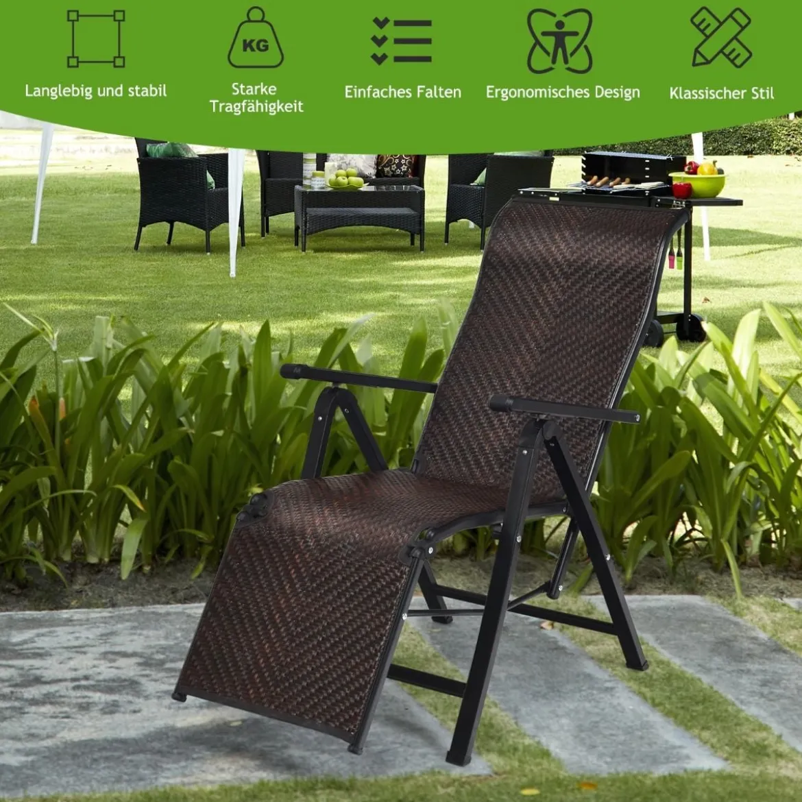 Sonnenliege Rattan klappbarer Liegestuhl mit Verstellbarer Rückenlehne Braun