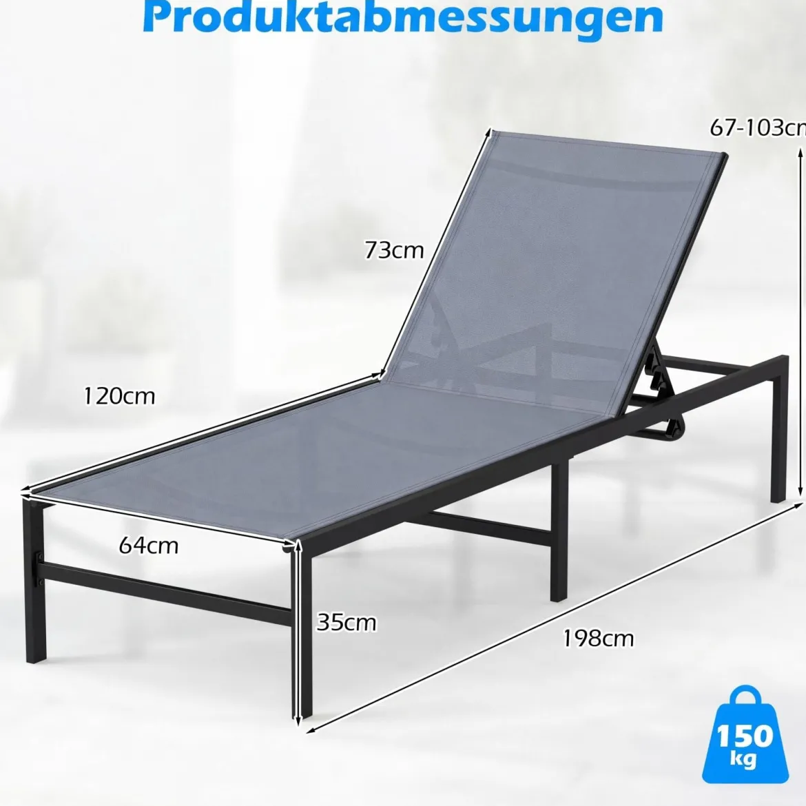 Sonnenliegestuhl für Außenbereich Anpassbarer Liegestuhl 64 x 198 x 67 - 103 cm Grau