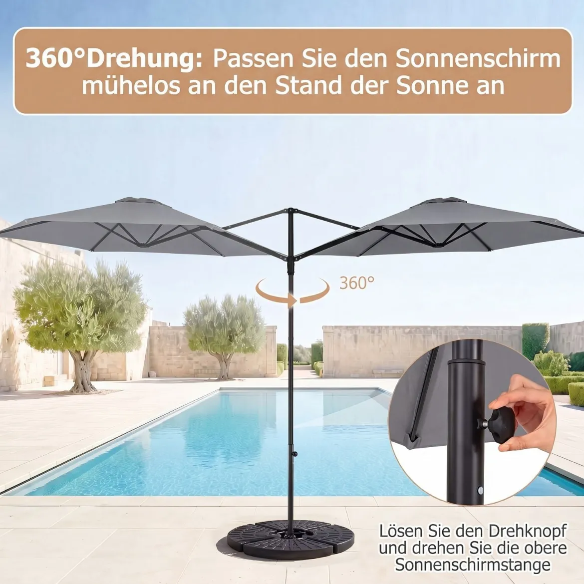Sonnenschirm 290 cm Ampelschirm mit Ständer & Doppeldach 360° Drehbarer Balkonschirm Grau/Beige