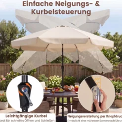 Sonnenschirm 286 cm Gartenschirm mit Kurbel & 30° Knickbar Sonnenschutz Balkonschirm Grau/Beige