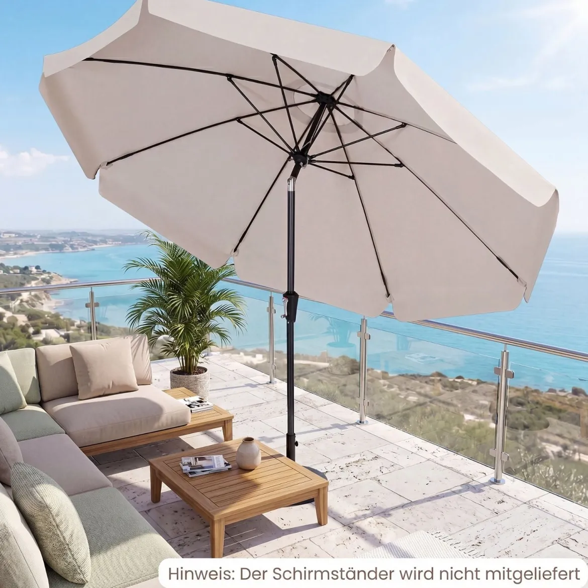 Sonnenschirm 286 cm Gartenschirm mit Kurbel & 30° Knickbar Sonnenschutz Balkonschirm Grau/Beige