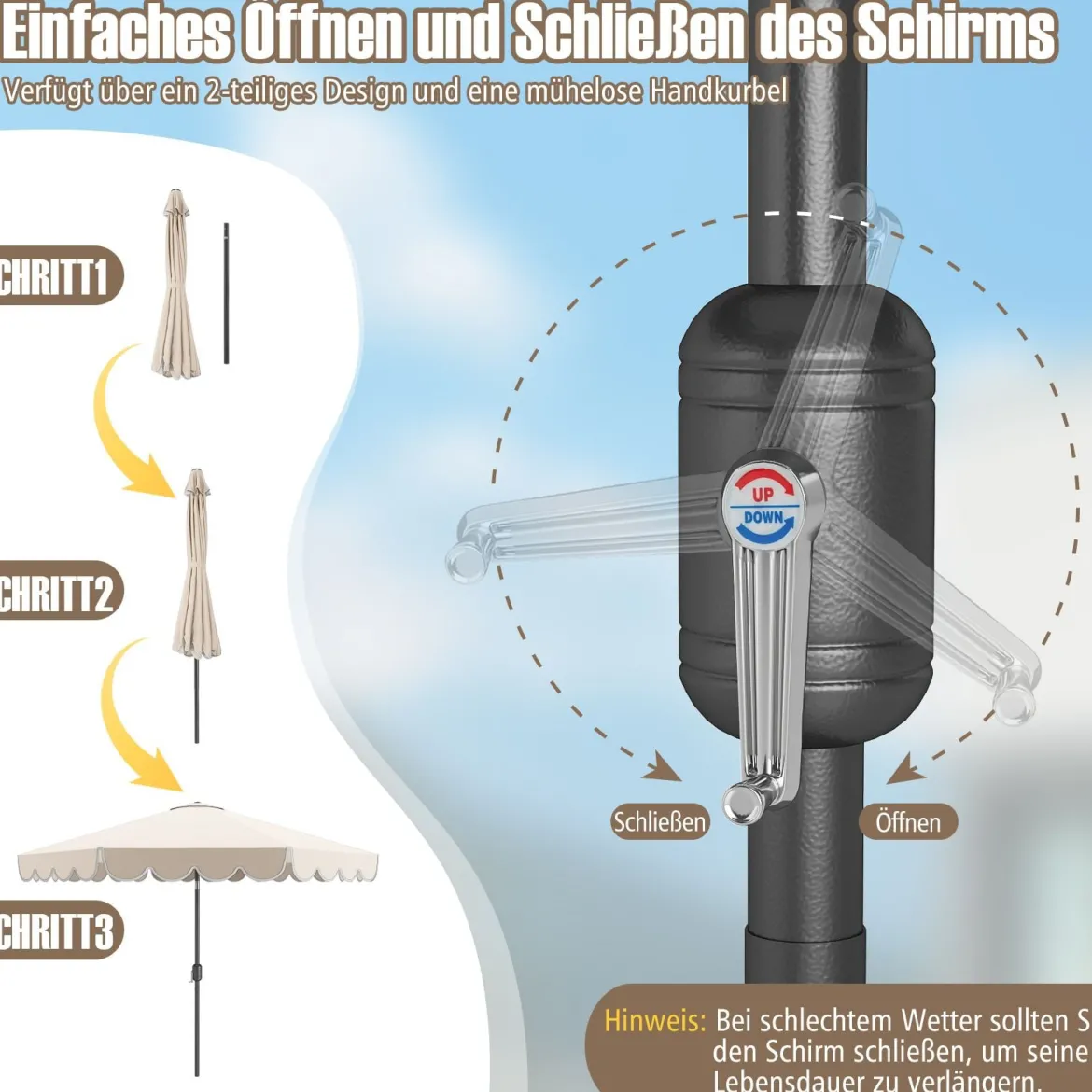 Sonnenschirm 300 cm Gartenschirm mit Kurbel und Volant beidseitig um 35° knickbar Terrassenschirm Beige