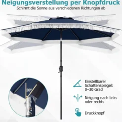 Sonnenschirm 270 cm Gartenschirm mit Kurbel & Neigefunktion Balkonschirm mit 8 Metallrippen Beige/Blau