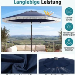Sonnenschirm 270 cm Gartenschirm mit Kurbel & Neigefunktion Balkonschirm mit 8 Metallrippen Beige/Blau