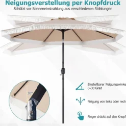 Sonnenschirm 270 cm Gartenschirm mit Kurbel & Neigefunktion Balkonschirm mit 8 Metallrippen Beige/Blau