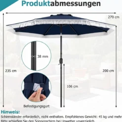 Sonnenschirm 270 cm Gartenschirm mit Kurbel & Neigefunktion Balkonschirm mit 8 Metallrippen Beige/Blau