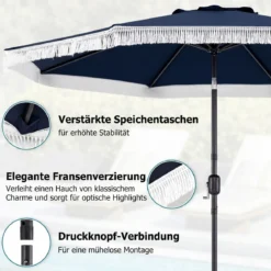 Sonnenschirm 270 cm Gartenschirm mit Kurbel & Neigefunktion Balkonschirm mit 8 Metallrippen Beige/Blau