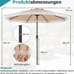 Sonnenschirm 270 cm Gartenschirm mit Kurbel & Neigefunktion Balkonschirm mit 8 Metallrippen Beige/Blau
