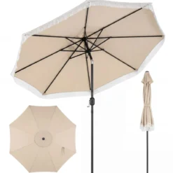 Sonnenschirm 270 cm Gartenschirm mit Kurbel & Neigefunktion Balkonschirm mit 8 Metallrippen Beige/Blau