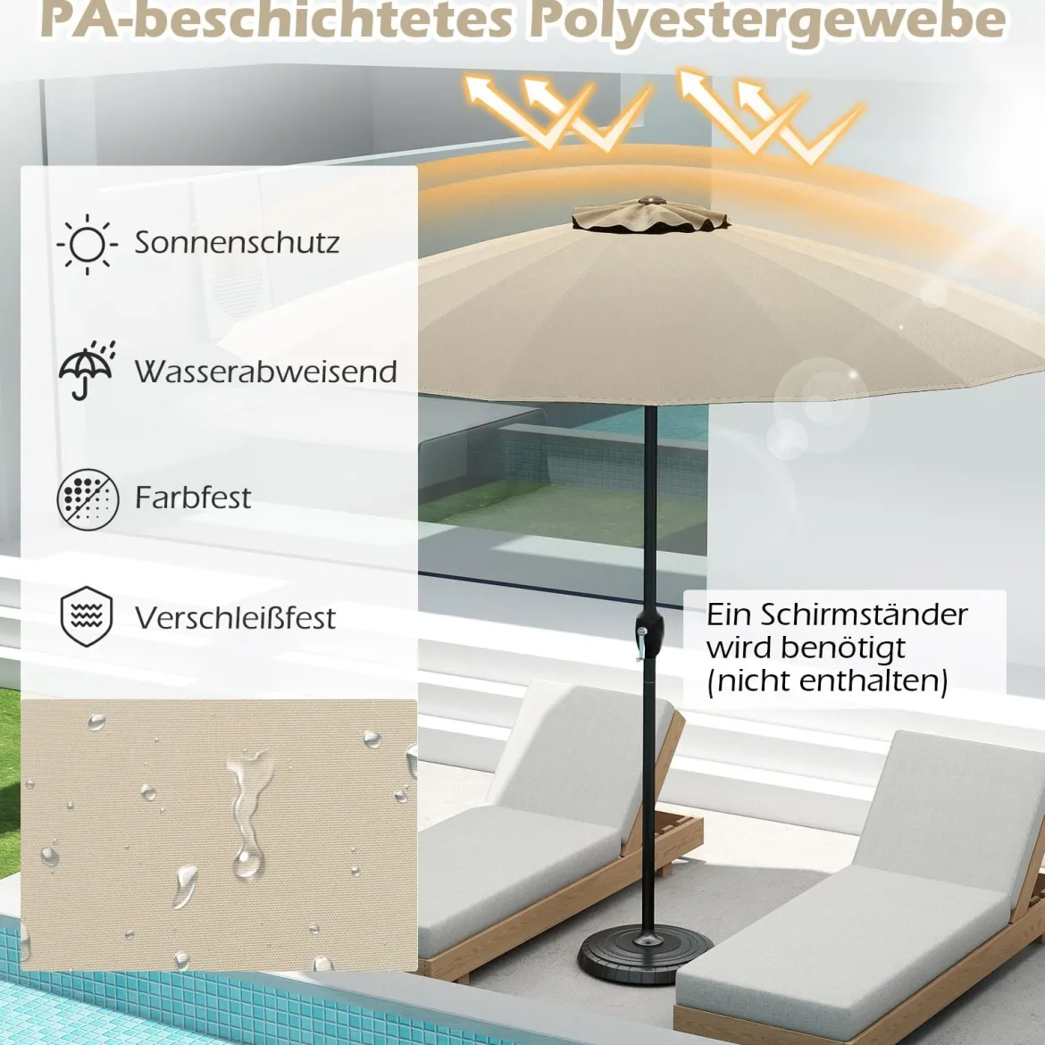 Sonnenschirm 258 cm Gartenschirm mit Kurbel zum Öffnen/Schließen beidseitig um 35° knickbar Beige