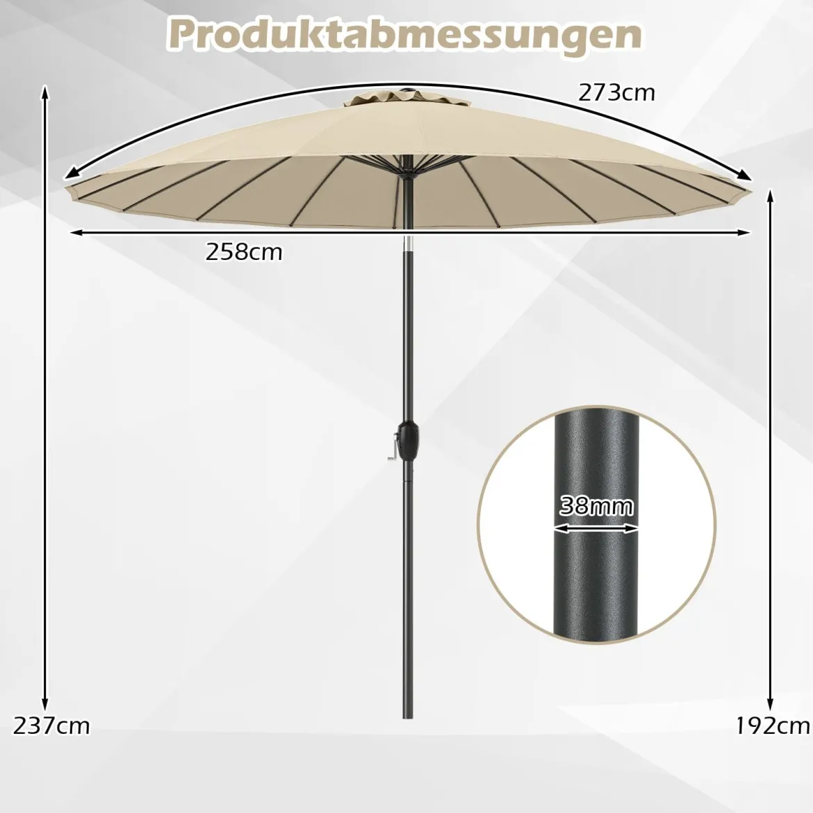 Sonnenschirm 258 cm Gartenschirm mit Kurbel zum Öffnen/Schließen beidseitig um 35° knickbar Beige