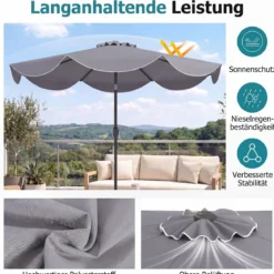 Sonnenschirm 270 cm Gartenschirm mit Kurbel & Neigefunktion Balkonschirm mit 8 Metallrippen Beige/Grau