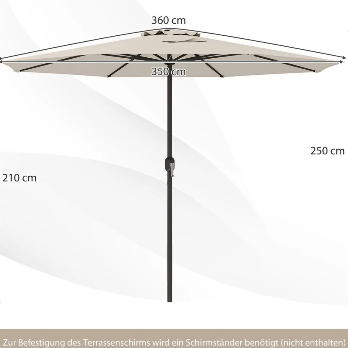 Sonnenschirm 350 cm großer Gartenschirm mit Kurbel Terrassenschirm mit 8 Rippen