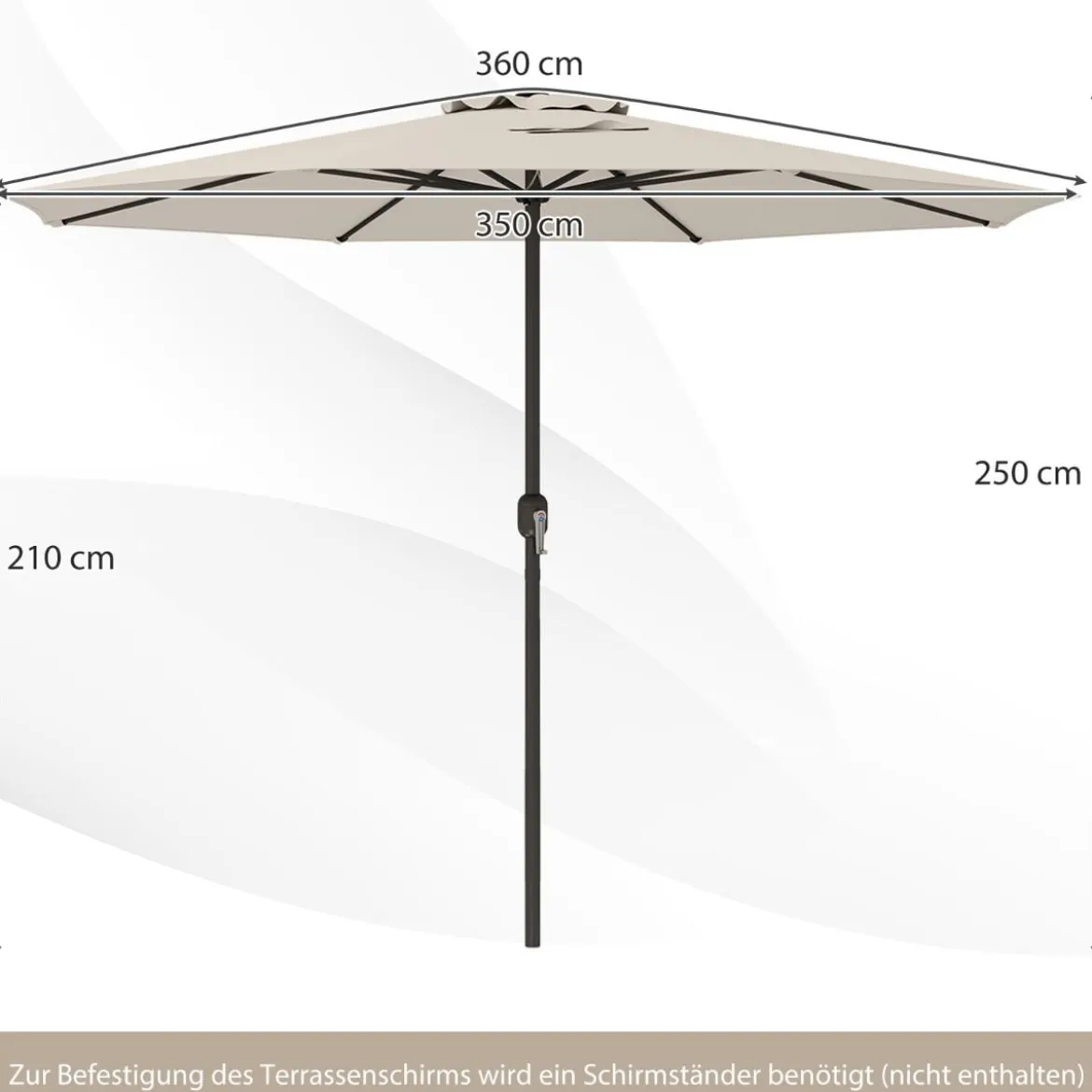 Sonnenschirm 350 cm großer Gartenschirm mit Kurbel Terrassenschirm mit 8 Rippen