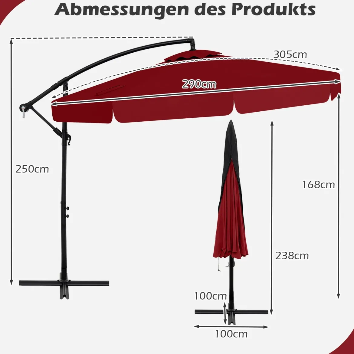 Sonnenschirm 300 cm inkl. Schutzhülle Rot+Sonnenschirmständer 80 Liter / 108 kg befüllbar Set
