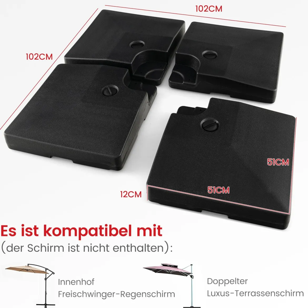 Sonnenschirm 300 cm inkl. Schutzhülle Rot+Sonnenschirmständer 80 Liter / 108 kg befüllbar Set