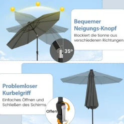 Sonnenschirm 300 cm mit LED-Solar-Beleuchtung 9 Beleuchtungsmodi Gartenschirm mit Kurbel Grau