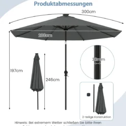 Sonnenschirm 300 cm mit LED-Solar-Beleuchtung 9 Beleuchtungsmodi Gartenschirm mit Kurbel Grau