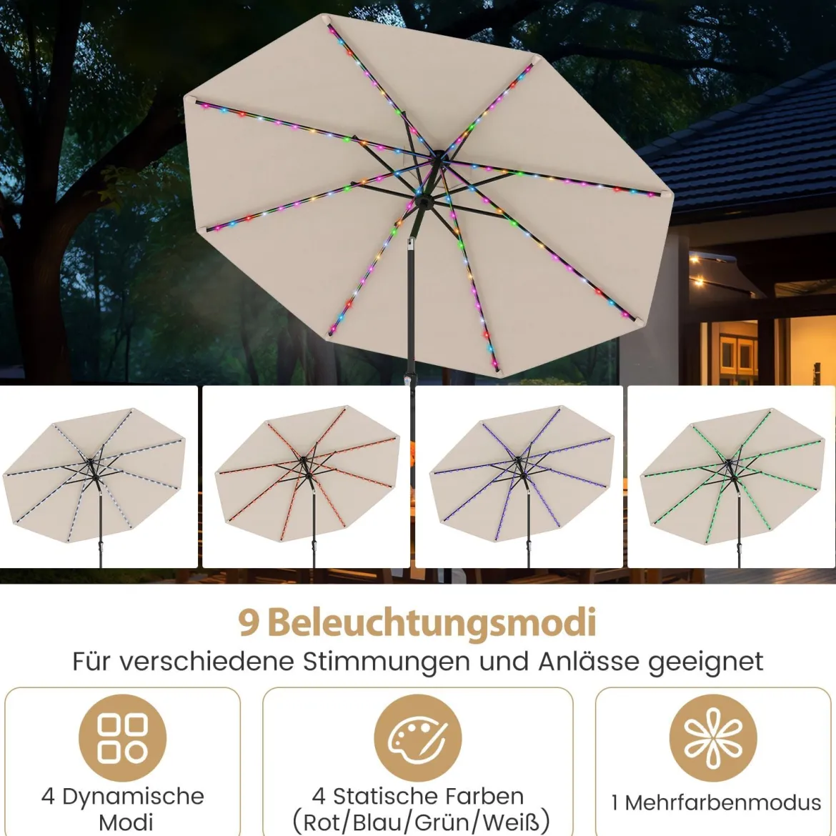 Sonnenschirm 300 cm mit LED-Solar-Beleuchtung 9 Beleuchtungsmodi Gartenschirm mit Kurbel Beige
