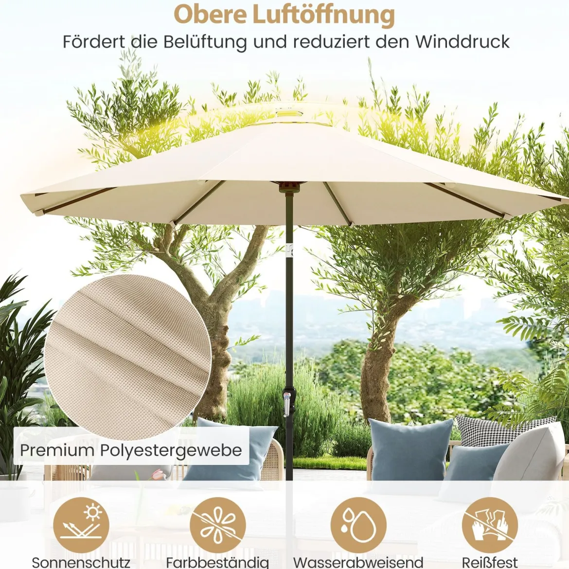 Sonnenschirm 300 cm mit LED-Solar-Beleuchtung 9 Beleuchtungsmodi Gartenschirm mit Kurbel Beige