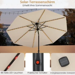 Sonnenschirm 300 cm mit LED-Solar-Beleuchtung 9 Beleuchtungsmodi Gartenschirm mit Kurbel Beige