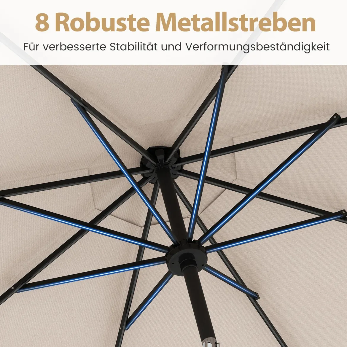 Sonnenschirm 300 cm mit LED-Solar-Beleuchtung 9 Beleuchtungsmodi Gartenschirm mit Kurbel Beige
