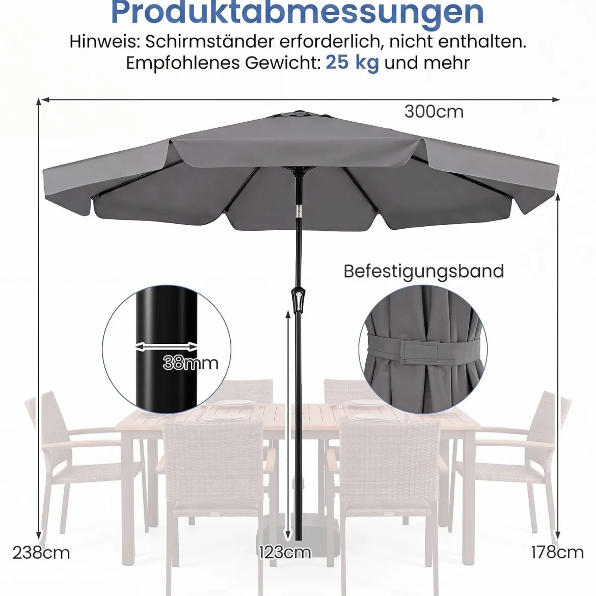 Sonnenschirm 300cm Neigbarer Gartenschirm mit Stabiler Metallstange 8 Streben Kurbel