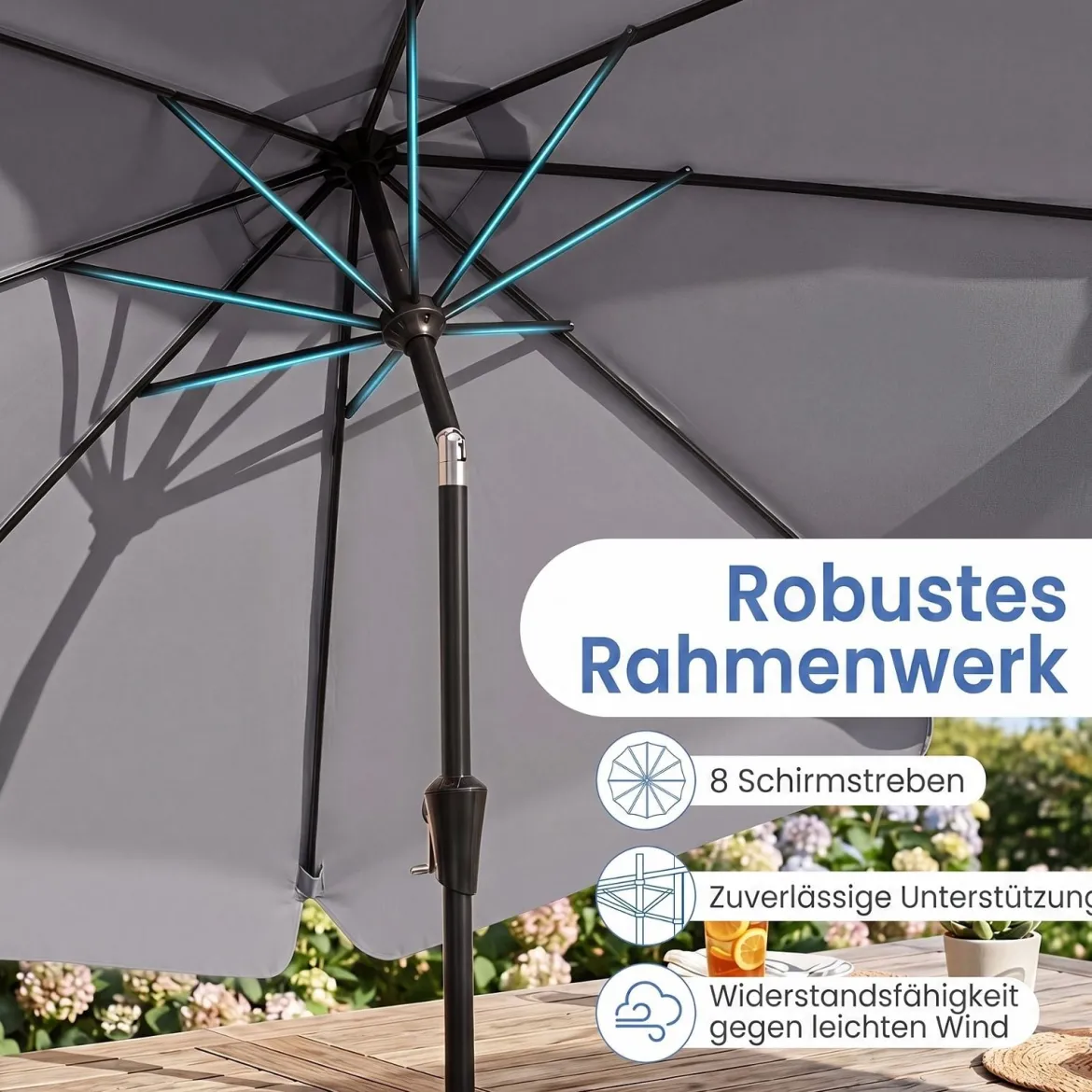 Sonnenschirm 300cm Neigbarer Gartenschirm mit Stabiler Metallstange 8 Streben Kurbel