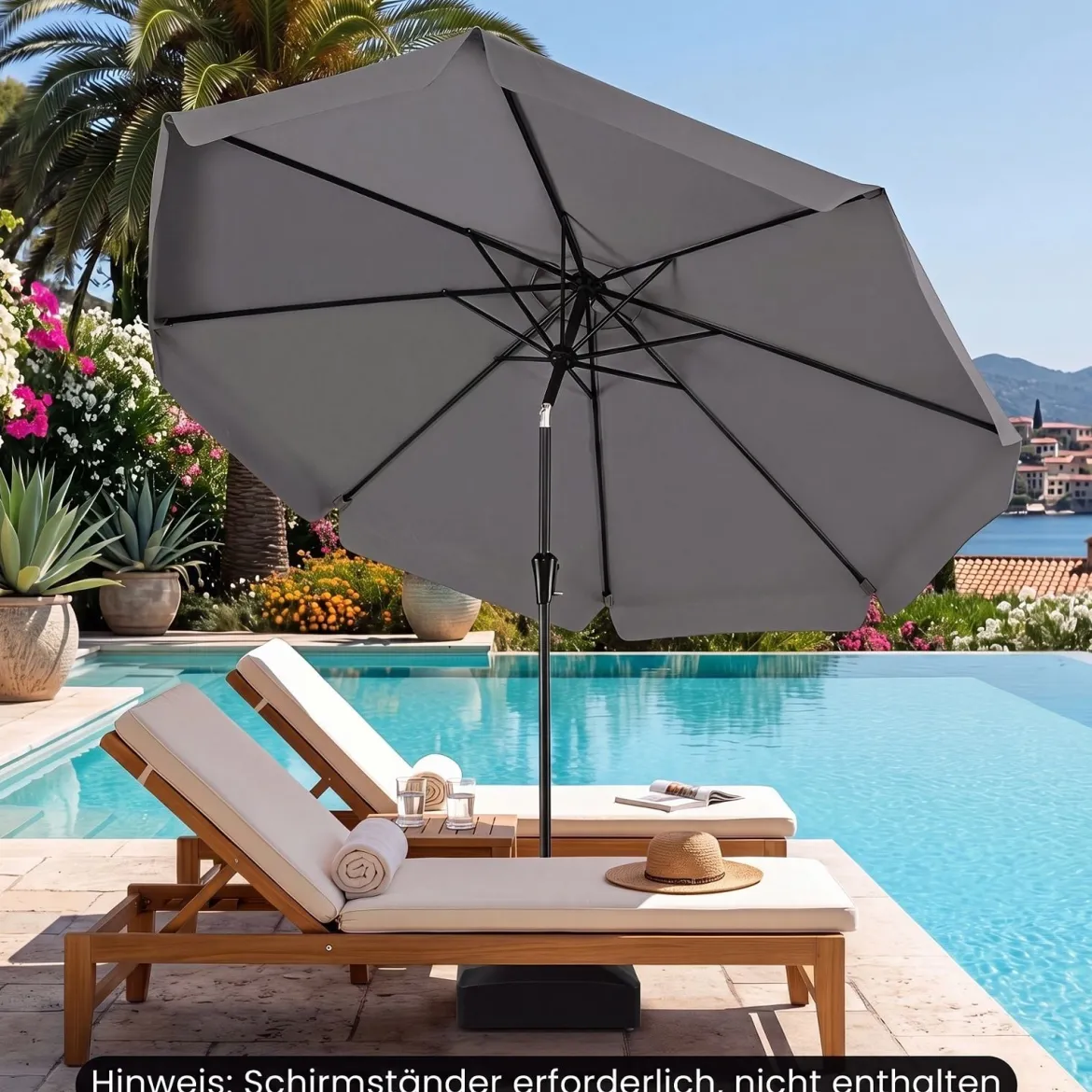 Sonnenschirm 300cm Neigbarer Gartenschirm mit Stabiler Metallstange 8 Streben Kurbel