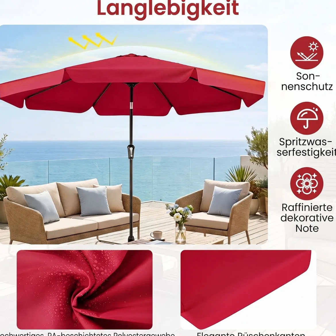Sonnenschirm 300cm Neigbarer Gartenschirm mit Stabiler Metallstange 8 Streben Kurbel