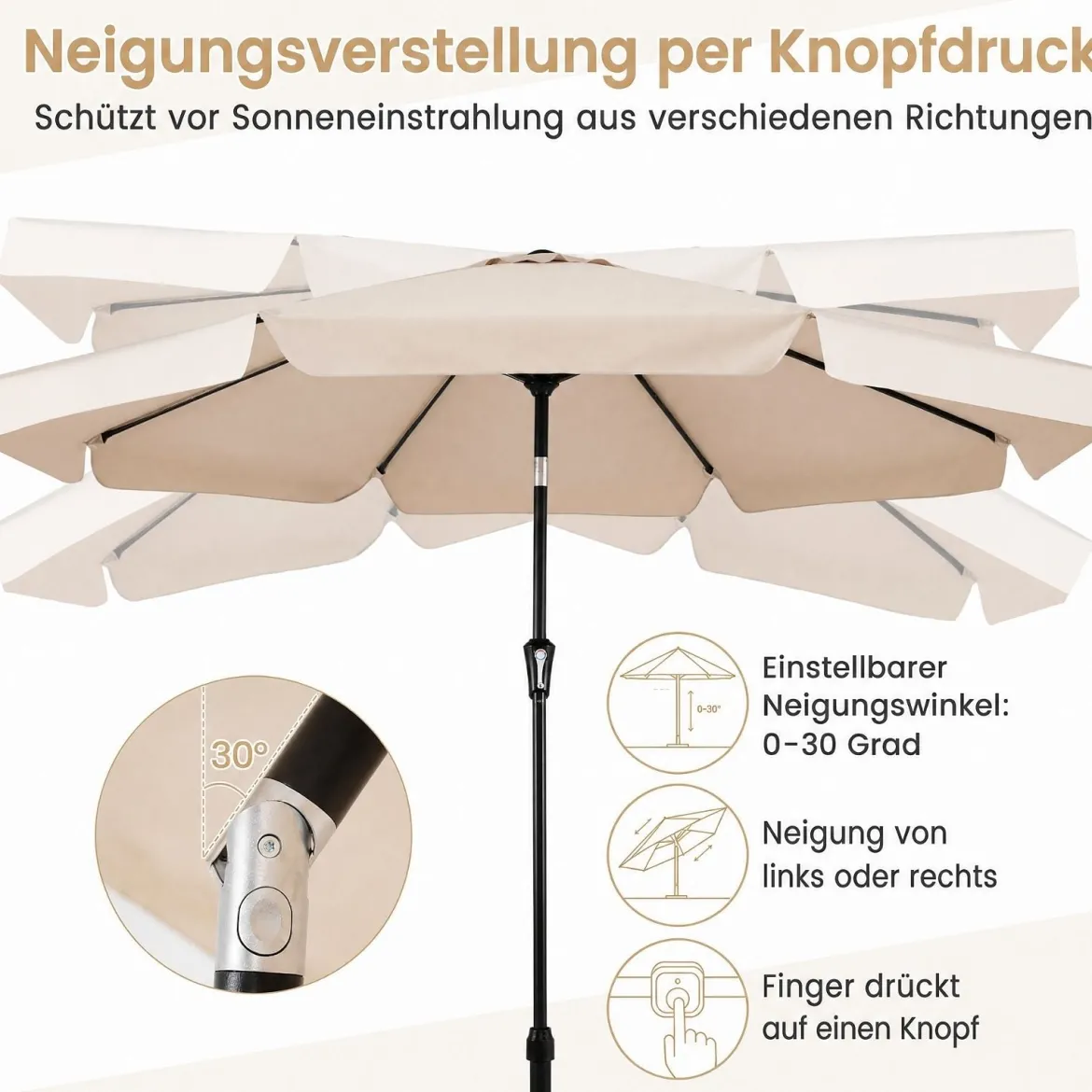 Sonnenschirm 300cm Neigbarer Gartenschirm mit Stabiler Metallstange 8 Streben Kurbel