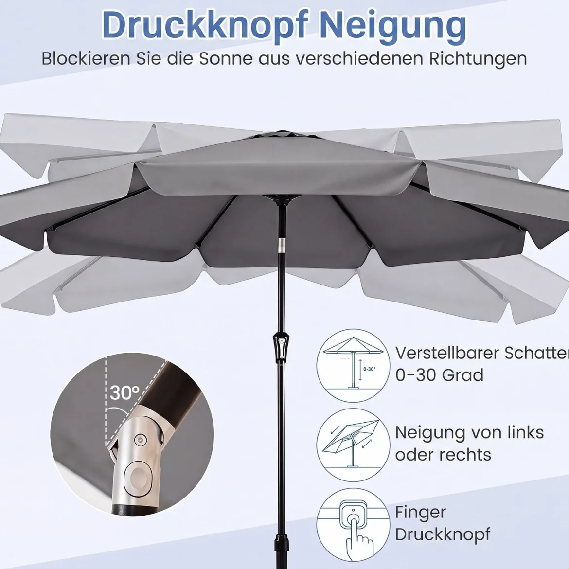 Sonnenschirm 300cm Neigbarer Gartenschirm mit Stabiler Metallstange 8 Streben Kurbel