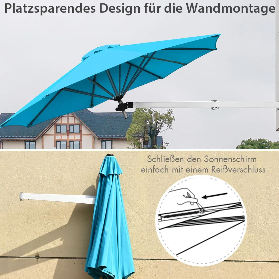 Sonnenschirm für die Wand Wandschirm kippbar Balkonschirm mit verstellbarer Aluminiumstange Ø 250 cm Türkis