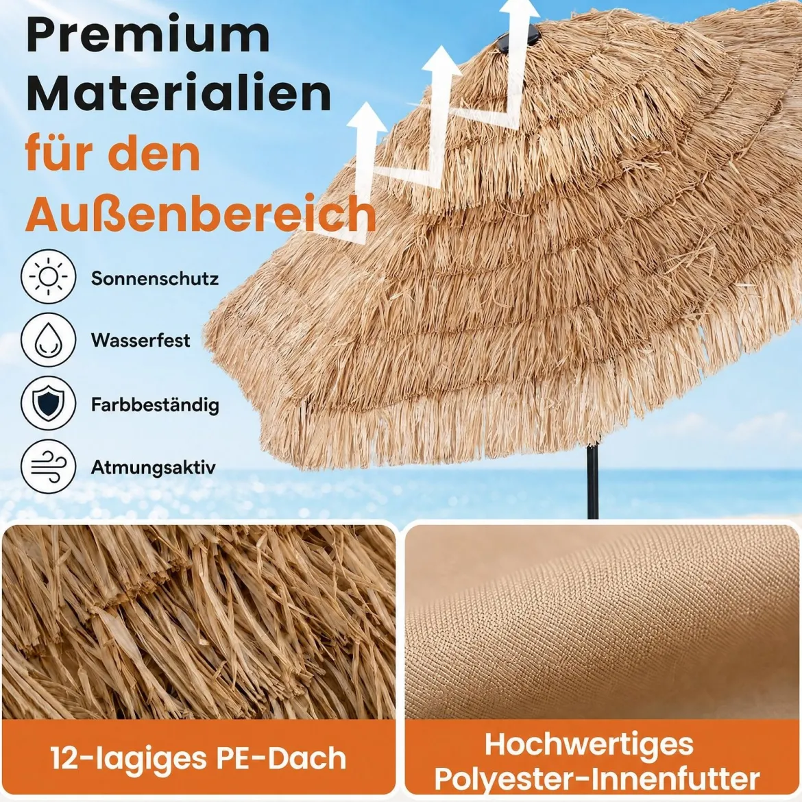 Sonnenschirm Hawaii Ø 275 cm Gartenschirm 30° Neigbar mit Kurbel & 8 Stabile Metallrippen