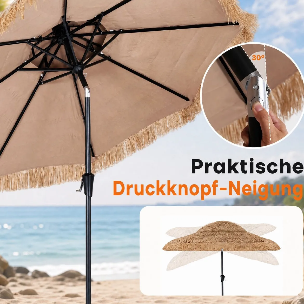 Sonnenschirm Hawaii Ø 275 cm Gartenschirm 30° Neigbar mit Kurbel & 8 Stabile Metallrippen