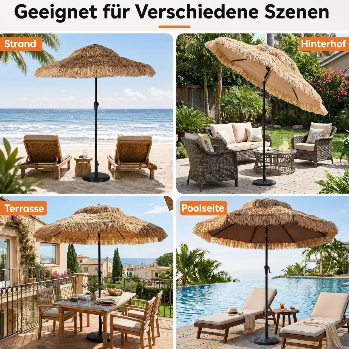 Sonnenschirm Hawaii Ø 275 cm Gartenschirm 30° Neigbar mit Kurbel & 8 Stabile Metallrippen