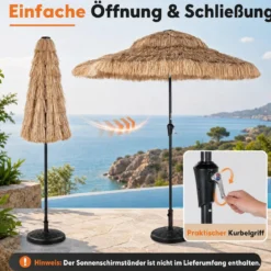 Sonnenschirm Hawaii Ø 275 cm Gartenschirm 30° Neigbar mit Kurbel & 8 Stabile Metallrippen