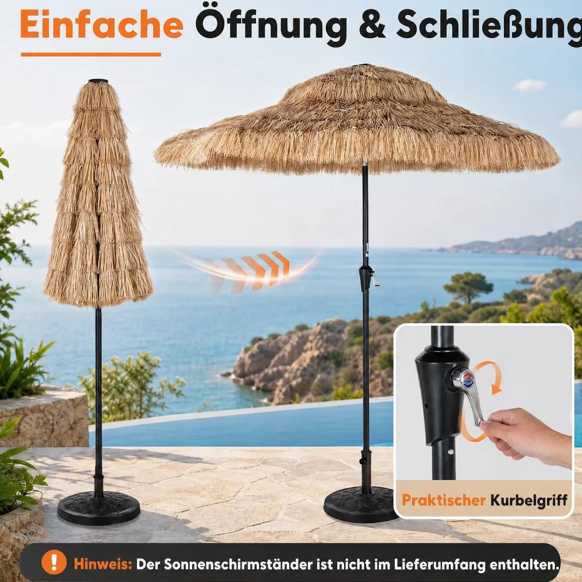 Sonnenschirm Hawaii Ø 275 cm Gartenschirm 30° Neigbar mit Kurbel & 8 Stabile Metallrippen