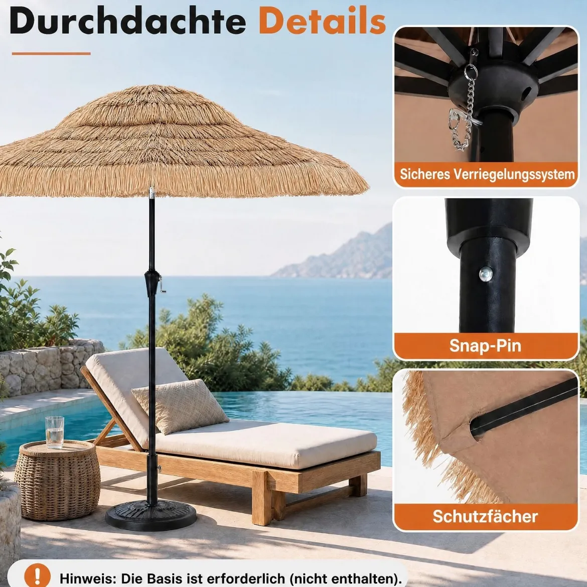 Sonnenschirm Hawaii Ø 275 cm Gartenschirm 30° Neigbar mit Kurbel & 8 Stabile Metallrippen